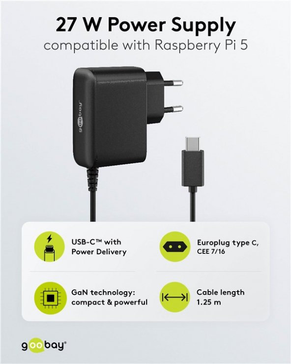 Imagine Incarcator priza USB type C pentru Raspberry Pi 5 27W GaN, Goobay G74437