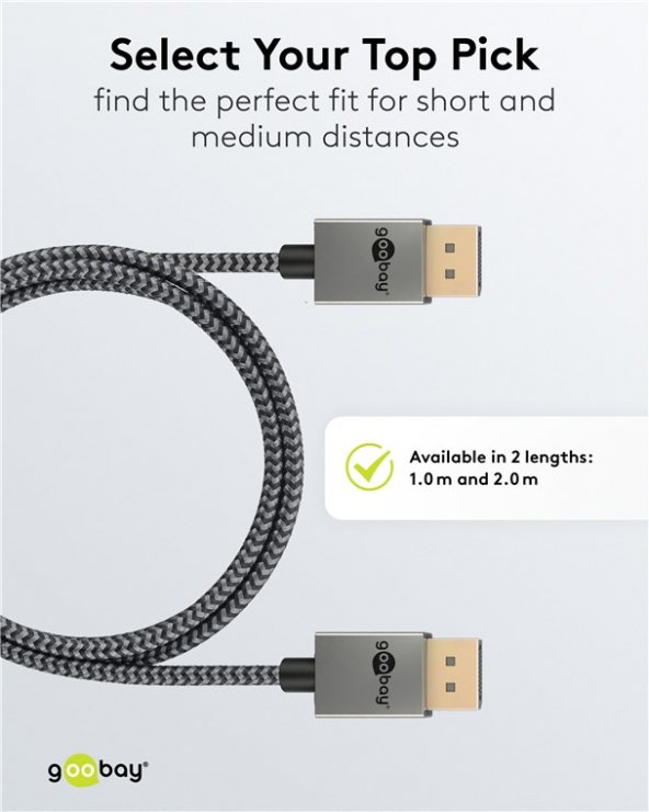 Imagine Cablu Displayport 8K120Hz/4K240Hz 2m brodat Alb/Negru, Goobay G77445