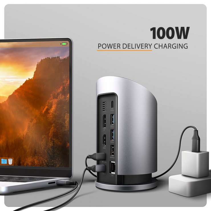 Imagine Docking station USB type C la HDMI/DP 4K60Hz + 3 x USB-A 100W + Gigabit LAN + wireless charging , Axagon HMC-WL9