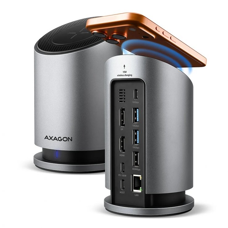 Imagine Docking station USB type C la HDMI/DP 4K60Hz + 3 x USB-A 100W + Gigabit LAN + wireless charging , Axagon HMC-WL9
