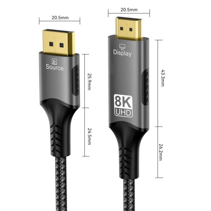 Imagine Cablu Displayport la HDMI 8K60Hz/4K144Hz brodat 2m, kportadk06-02