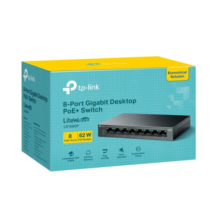 Imagine Switch Gigabit Desktop cu 8 porturi PoE+, TP-LINK LS108GP