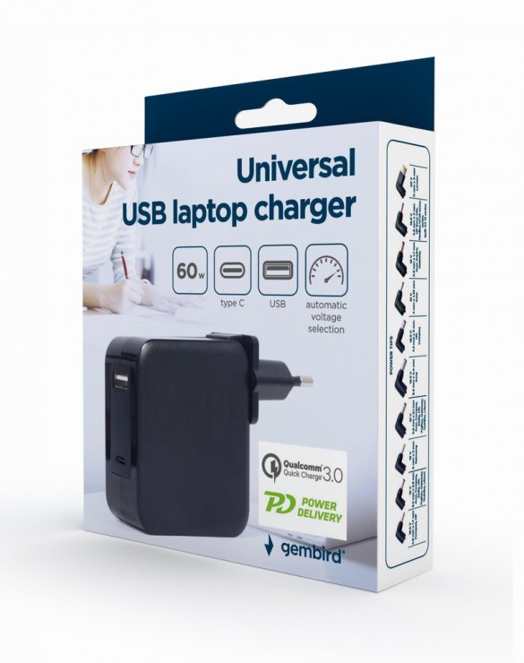 Imagine Incarcator universal laptop USB-A + USB-C PD 60W, Gembird NPA-PD60-01