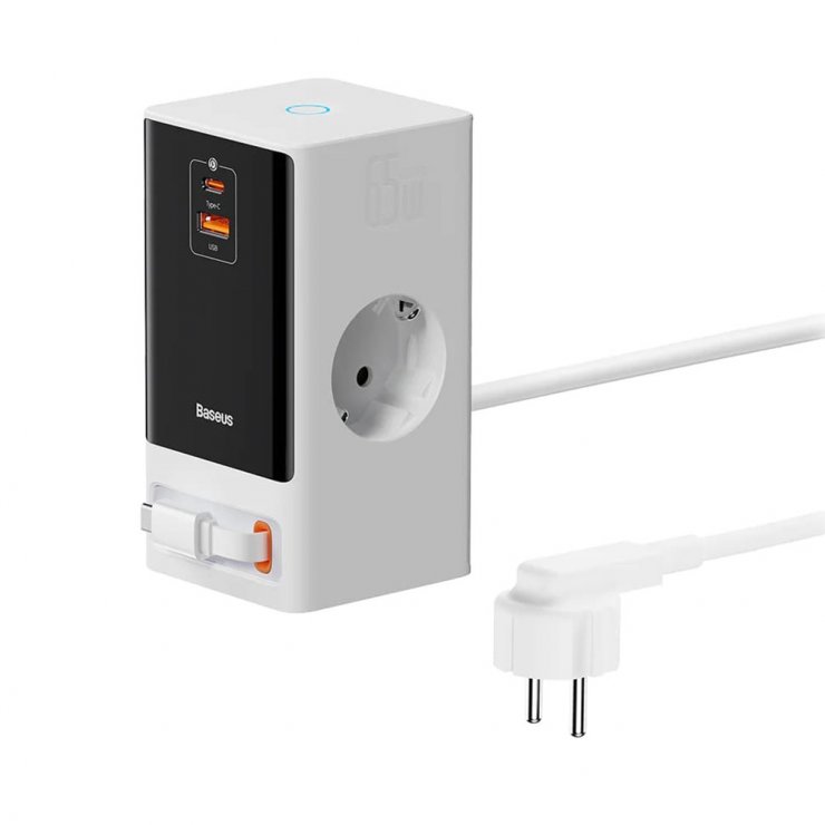 Imagine Incarcator priza 2 x Schuko + USB-A + USB-C 65W 1.5m Alb, Baseus PSLR000602