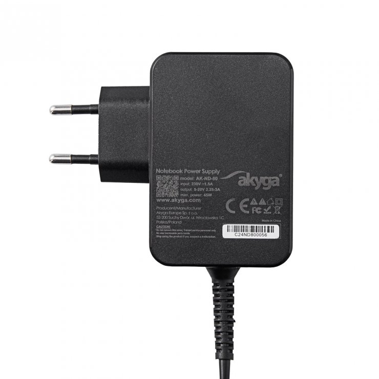 Imagine Incarcator laptop USB type C 5-20V/2.25-3A 45W 1.8m, AK-ND-80