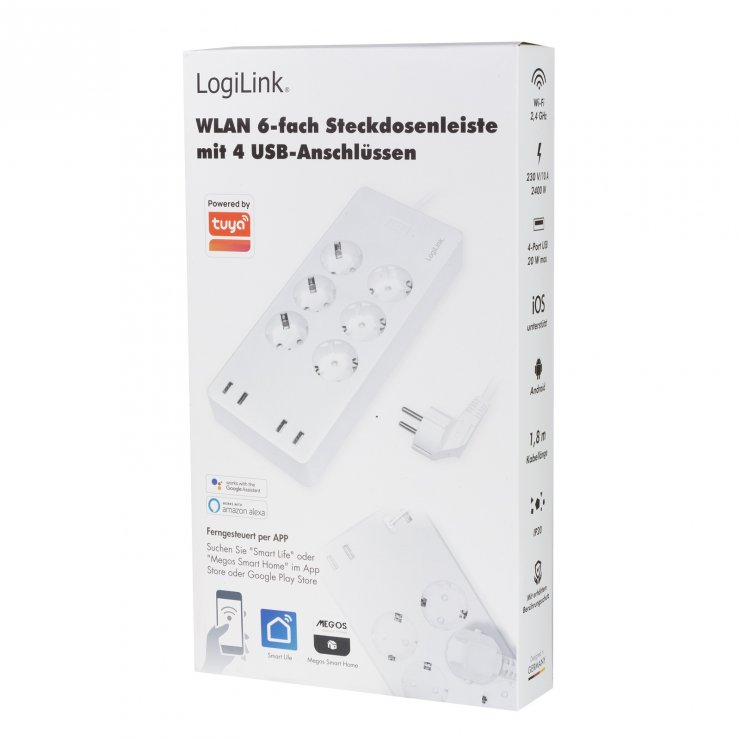 Imagine Prelungitor smart Wifi cu 6 x Schuko + 4 x USB-A 1.8m Alb, Logilink SH0105