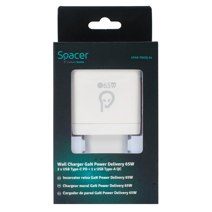 Imagine Incarcator priza 1 x USB-A + 2 x USB type C 60W Alb, Spacer SPAR-TRIOQ-04
