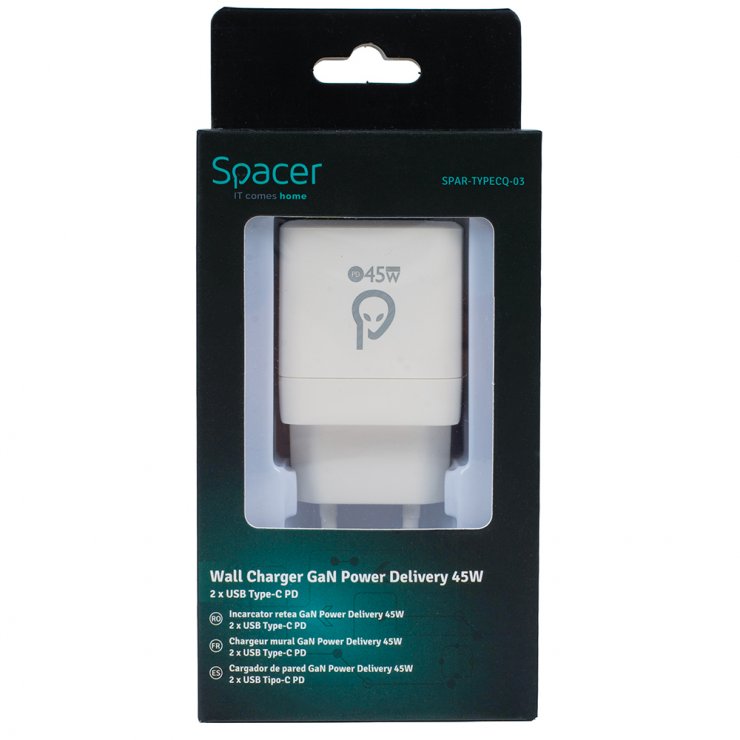 Imagine Incarcator priza 2 x USB type C 45W Alb, Spacer SPAR-TYPECQ-03