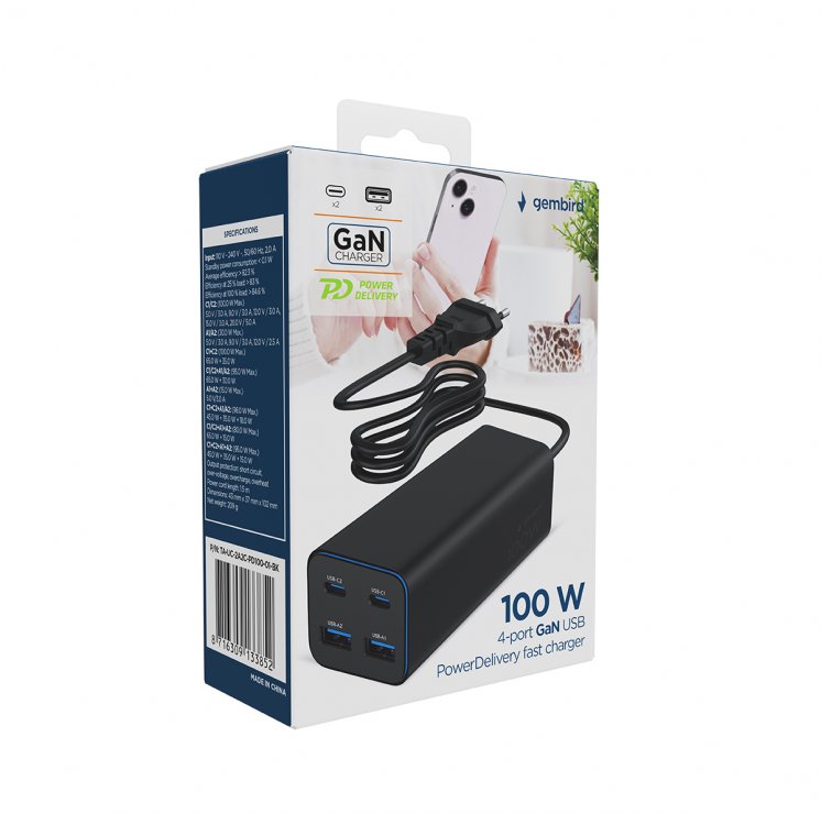Imagine Incarcator priza Fast charger cu 2 x USB-A + 2 x USB-C 100W GaN, Gembird TA-UC-2A2C-PD100-01-BK