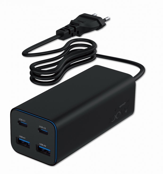 Imagine Incarcator priza Fast charger cu 2 x USB-A + 2 x USB-C 100W GaN, Gembird TA-UC-2A2C-PD100-01-BK