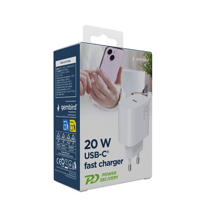 Imagine Incarcator priza fast charger 1 x USB-C 20W Alb, Gembird TA-UC-PD20-01-W