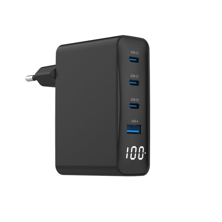 Imagine Incarcator priza Fast charger cu 1 x USB-A + 3 x USB-C 100W GaN, Gembird TA-UC-PDQC100LCD-01-BK
