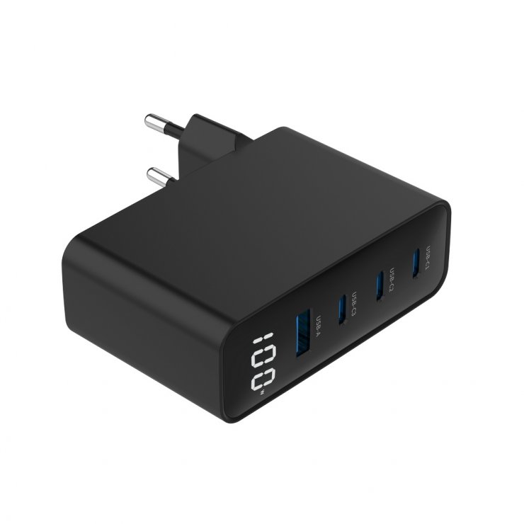 Imagine Incarcator priza Fast charger cu 1 x USB-A + 3 x USB-C 100W GaN, Gembird TA-UC-PDQC100LCD-01-BK