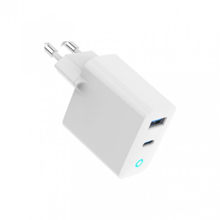 Imagine Incarcator priza USB-A + USB type C 30W GaN Alb, Gembird TA-UC-PDQC30L-W-01