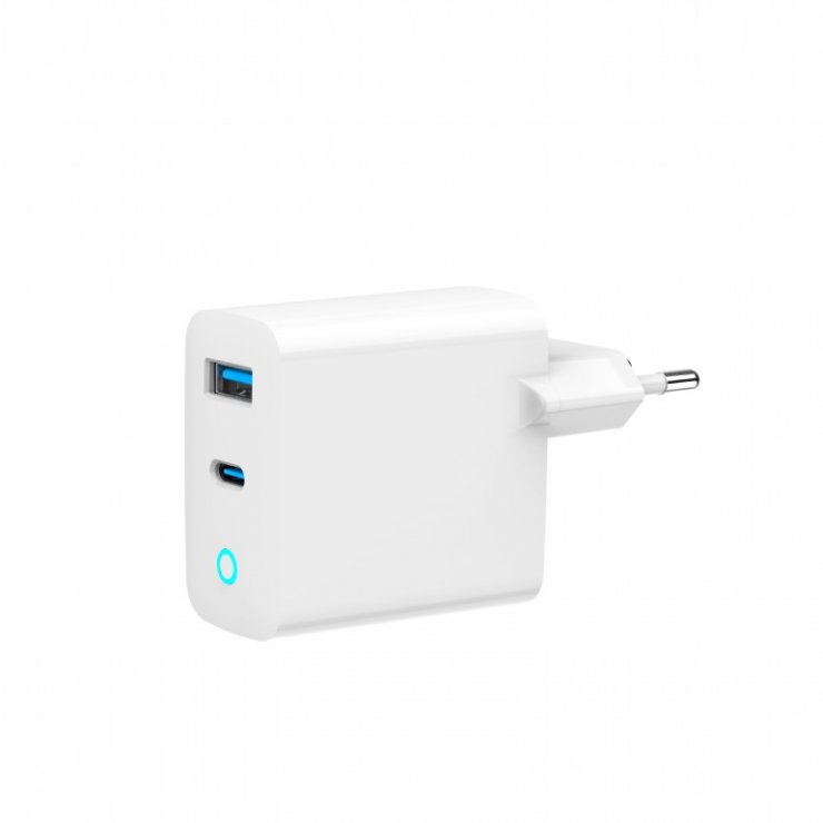 Imagine Incarcator priza USB-A + USB type C 30W GaN Alb, Gembird TA-UC-PDQC30L-W-01