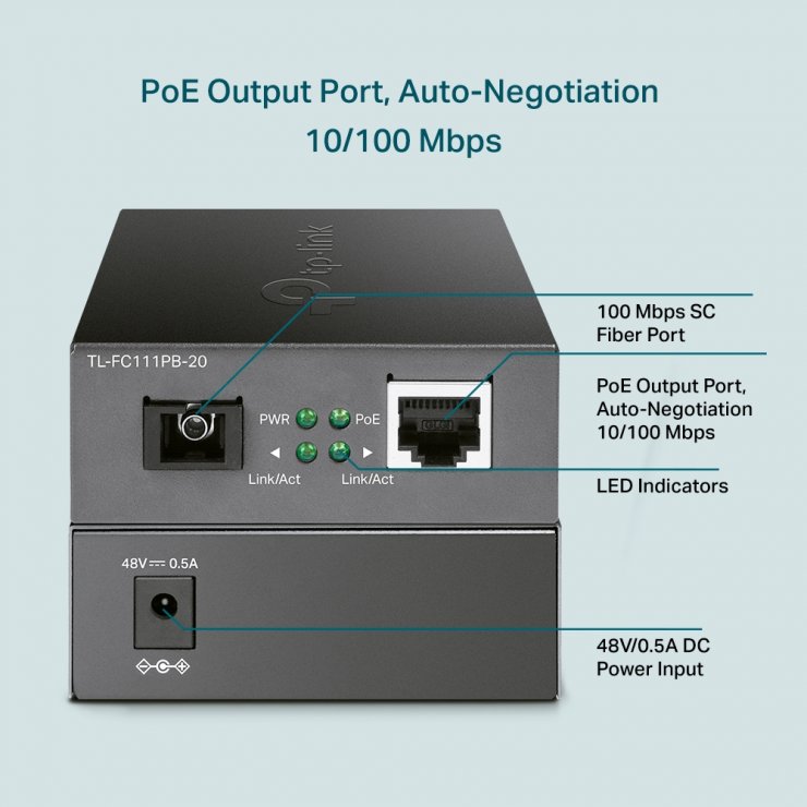 Imagine Media convertor 10/100Mbps WDM cu 1 x PoE, TP-LINK FC111PB-20