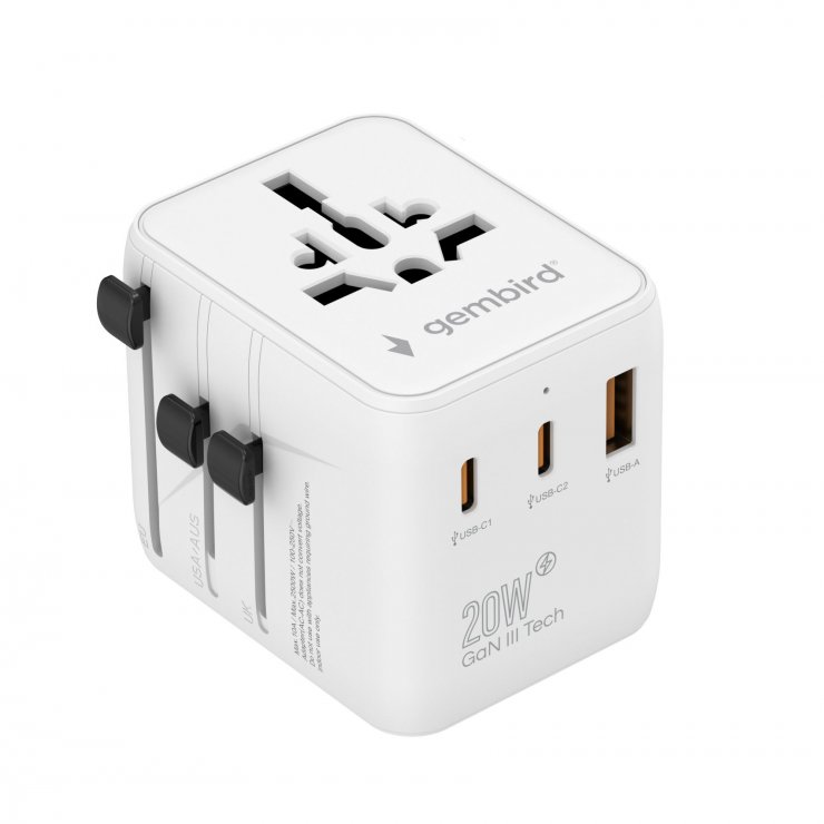 Imagine Incarcator priza universal US/UK/EU/AU cu 1 x USB-A + 2 x USB-C 20W, Gembird TPA-1A2C20-01-W