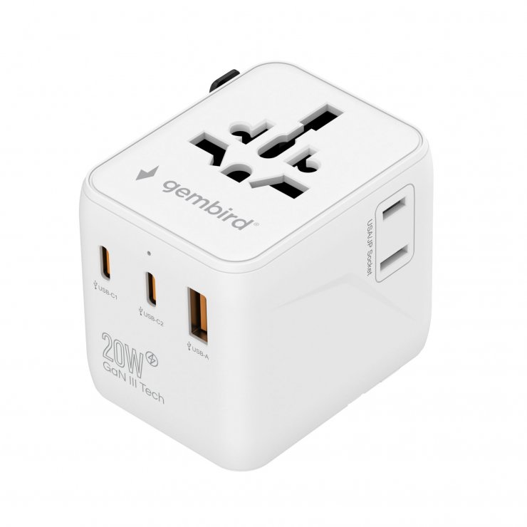 Imagine Incarcator priza universal US/UK/EU/AU cu 1 x USB-A + 2 x USB-C 20W, Gembird TPA-1A2C20-01-W