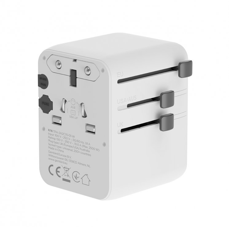 Imagine Incarcator priza universal US/UK/EU/AU cu 2 x USB-A + 3 x USB-C 70W, Gembird TPA-2A3C70-01-W