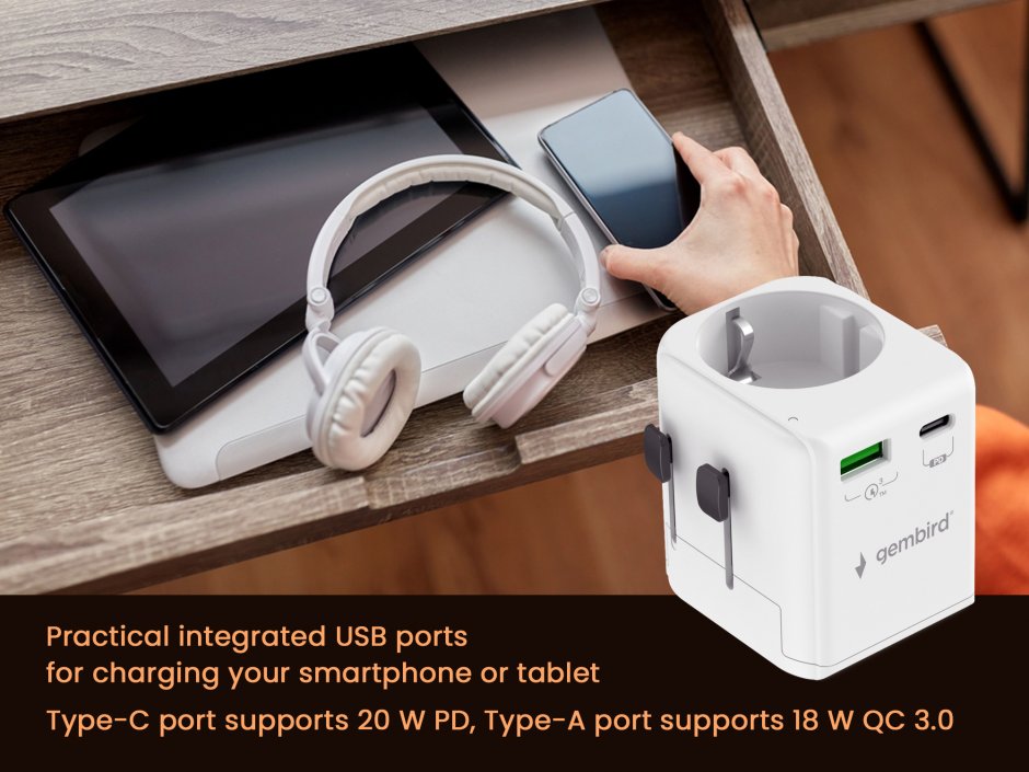 Imagine Adaptor Schuko la universal US/UK/CN/AU + USB-A + USB-C 20W, Gembird TPA-EU1A1C20-01-W