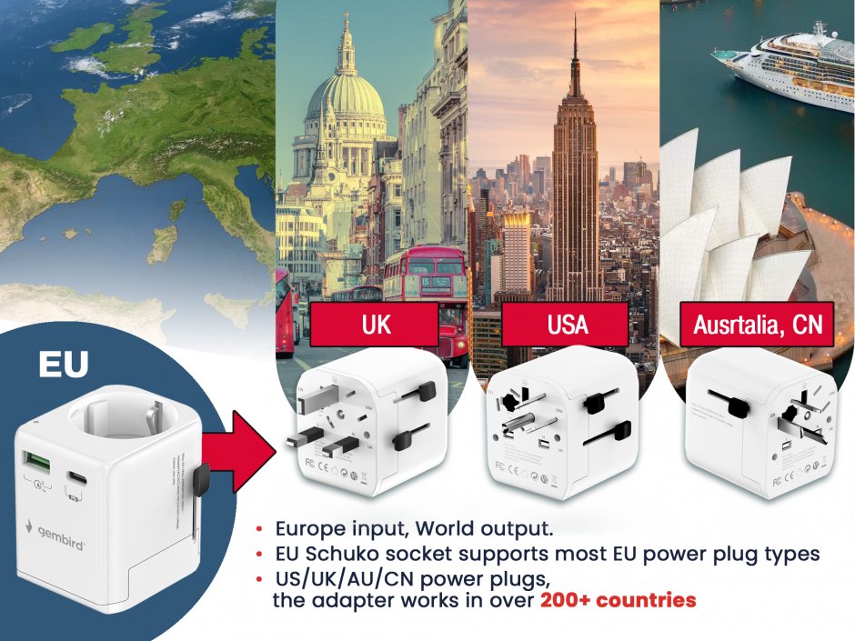 Imagine Adaptor Schuko la universal US/UK/CN/AU + USB-A + USB-C 20W, Gembird TPA-EU1A1C20-01-W