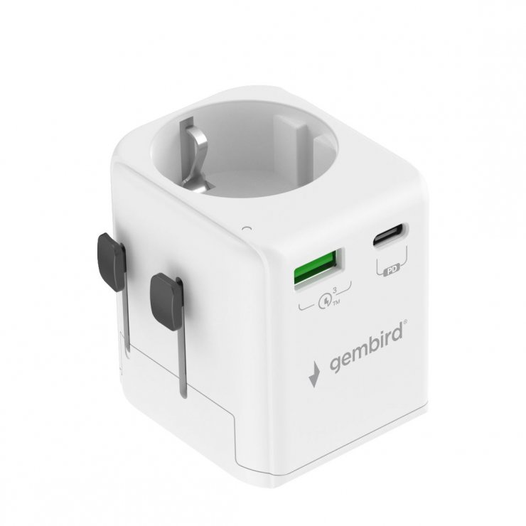 Imagine Adaptor Schuko la universal US/UK/CN/AU + USB-A + USB-C 20W, Gembird TPA-EU1A1C20-01-W
