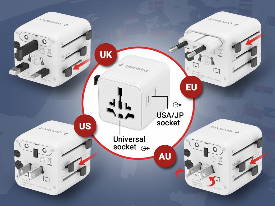 Imagine Adaptor priza pentru calatorie US/UK/EU/AU, Gembird TPA-INT-01-W