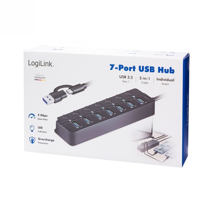 Imagine HUB USB 3.2 type C/USB-A la 7 x USB-A cu switch ON/OFF, Logilink UA0420