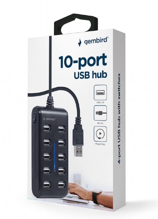 Imagine HUB UBS 2.0 la 10 x USB-A + cablu 0.8m, Gembird UHB-U2P10P-01