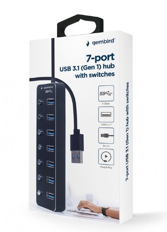 Imagine HUB USB 3.2-A cu 7 porturi USB-A + switch ON/OFF, Gembird UHB-U3P7P-01