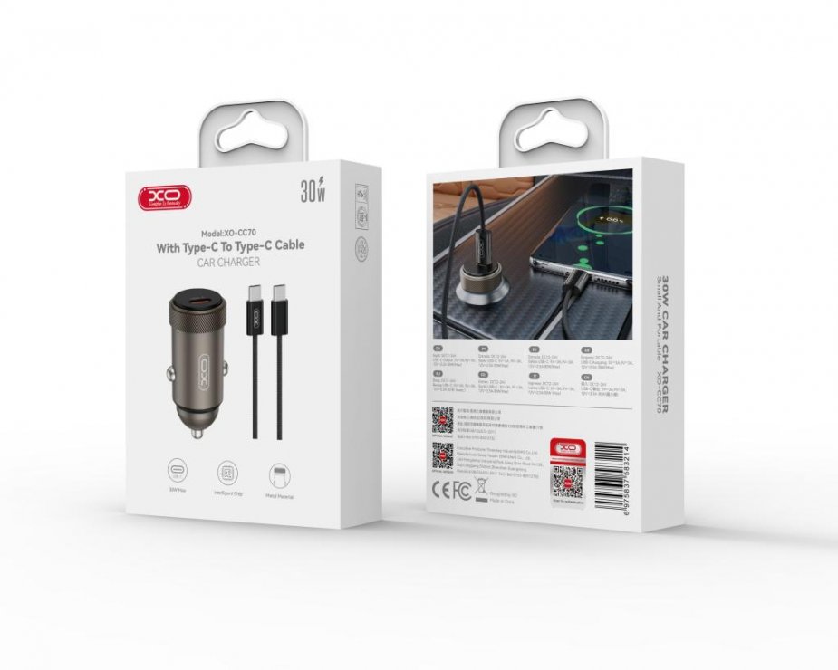 Imagine Incarcator auto 1 x USB-C 30W + cablu USB C-C Aluminiu, XO CC70