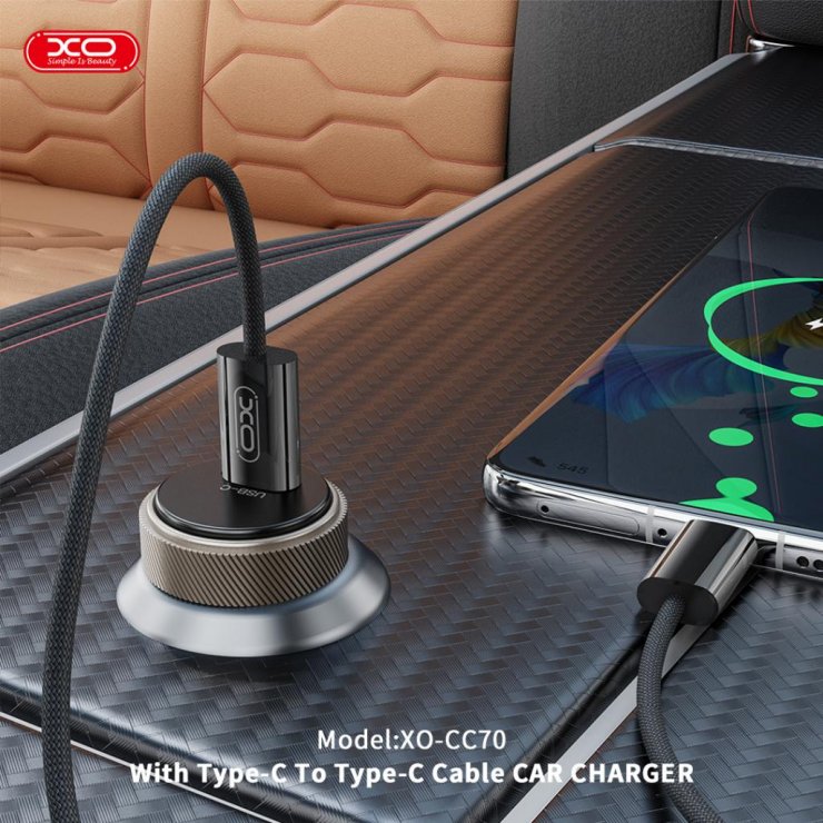 Imagine Incarcator auto 1 x USB-C 30W + cablu USB C-C Aluminiu, XO CC70