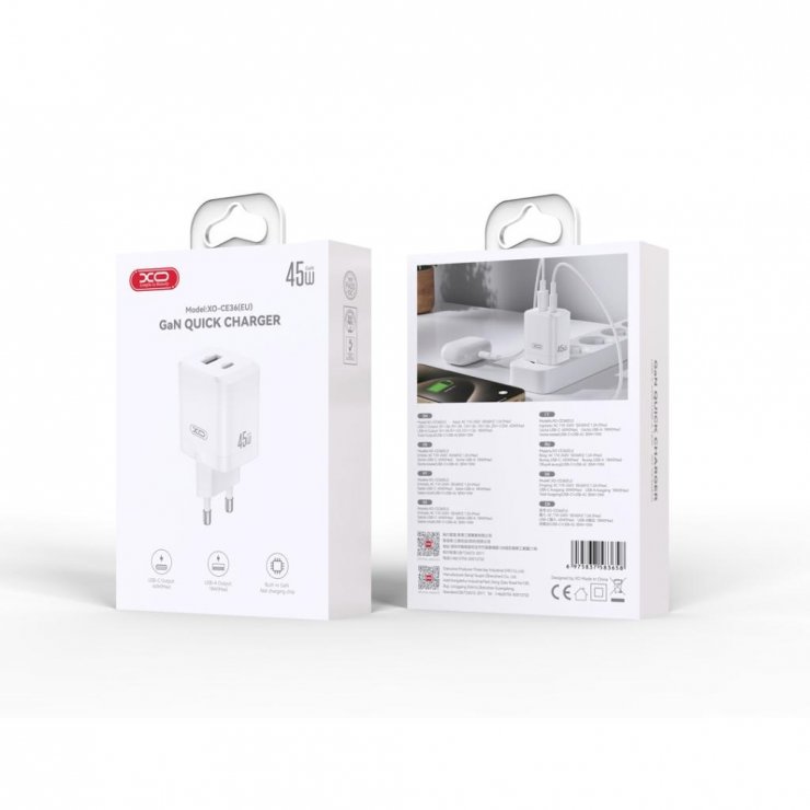 Imagine Incarcator priza USB-A + USB-C 45W GaN Nitride Alb, XO CE36