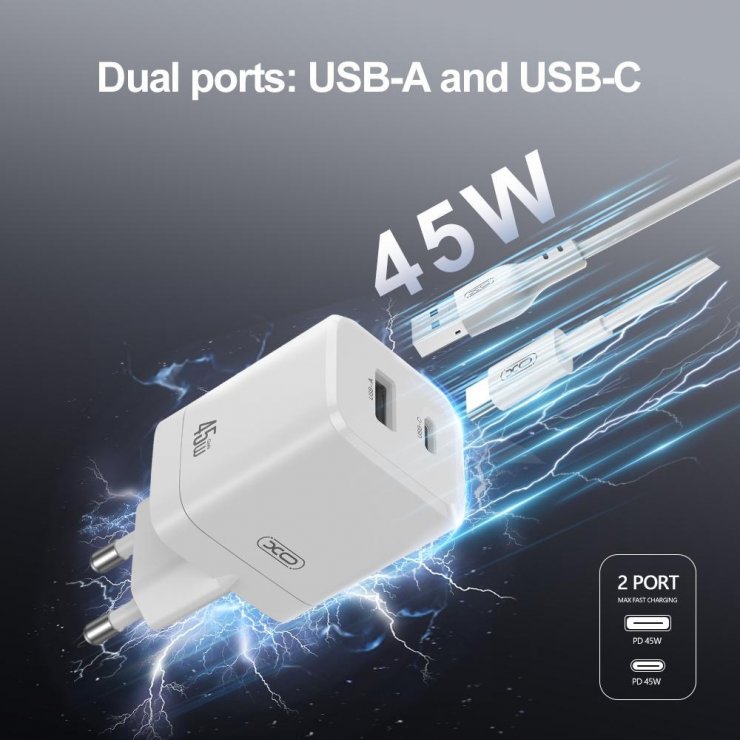 Imagine Incarcator priza USB-A + USB-C 45W GaN Nitride Alb, XO CE36
