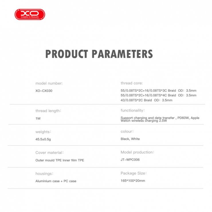 Imagine Cablu incarcare USB type C la USB type C + pad Apple Watch, XO CX030