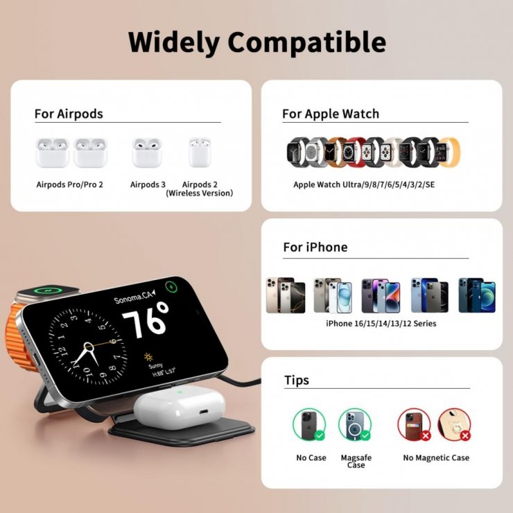 Imagine Statie wireless de incarcare 15W 3in1 Negru, XO CX035