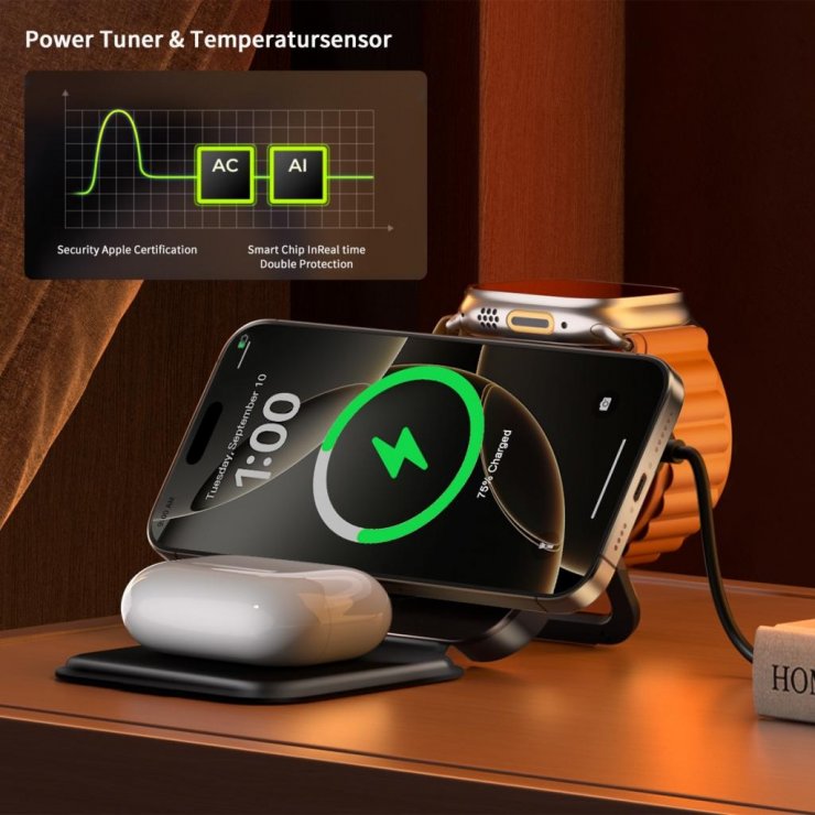 Imagine Statie wireless de incarcare 15W 3in1 Negru, XO CX035