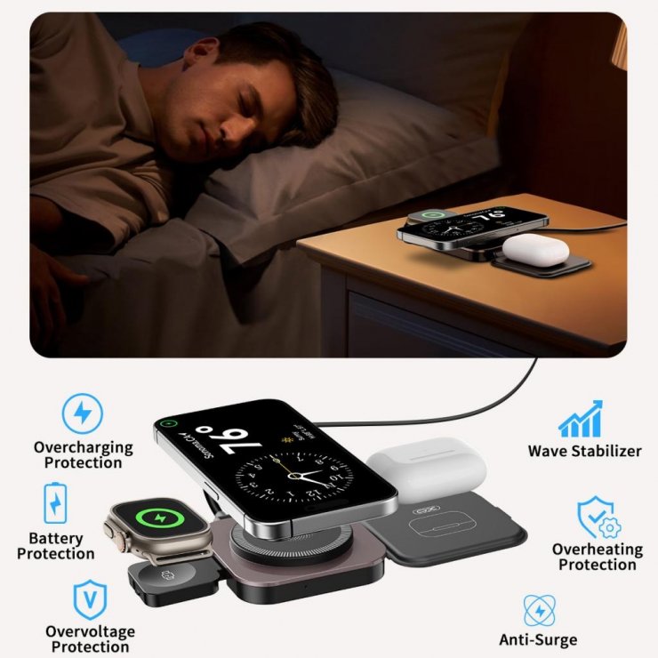 Imagine Statie wireless de incarcare 15W 3in1 Negru, XO CX035