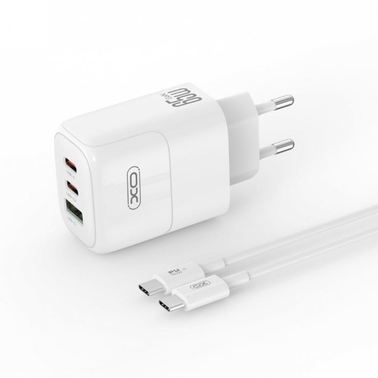 Imagine Incarcator priza USB-A + 2 x USB-C 65W + cablu USB C-C GaN Nitride Alb, XO L139