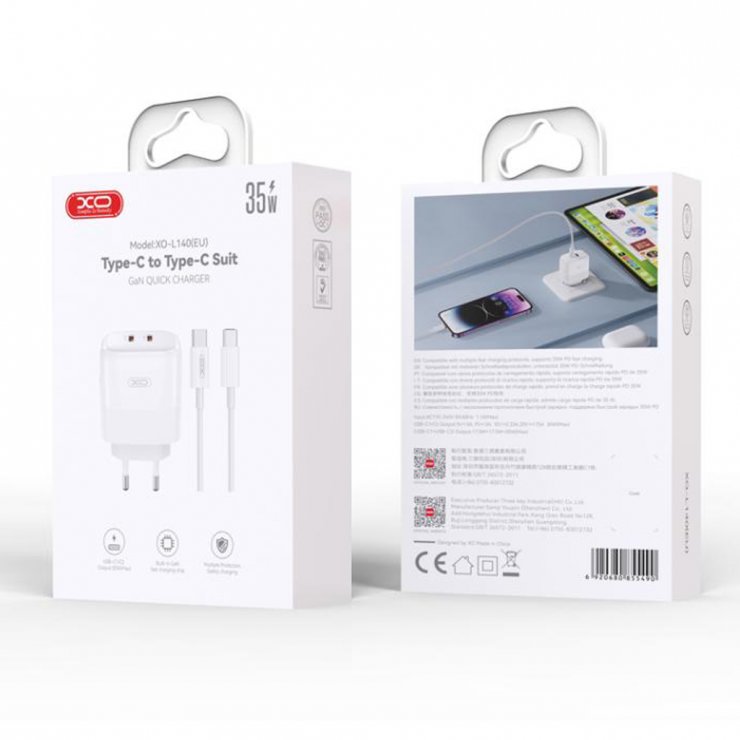Imagine Incarcator priza 2 x USB-C 35W GaN Nitride + cablu USB type C Alb, XO L140