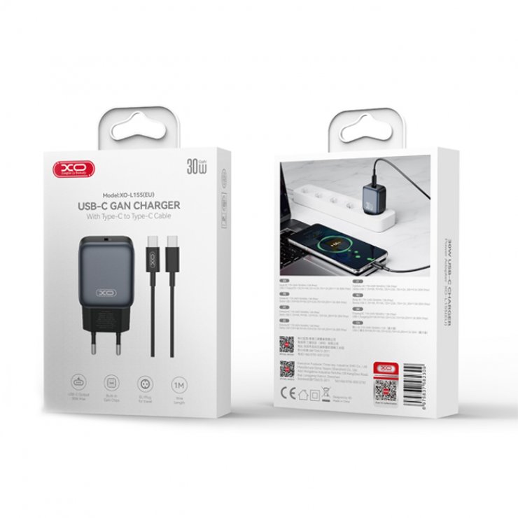 Imagine Incarcator priza USB-C 30W + cablu USB C-Lightning Negru, XO L155