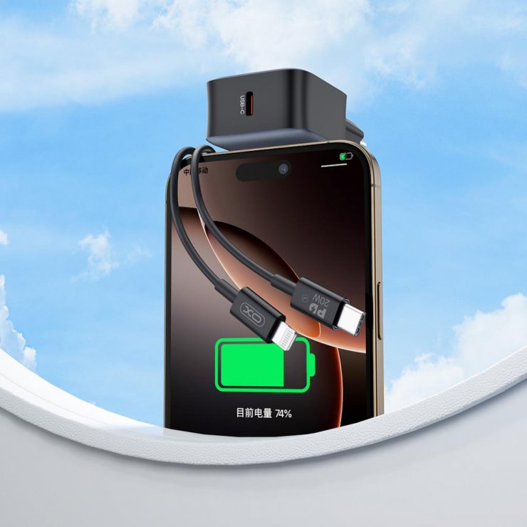 Imagine Incarcator priza USB-C 30W + cablu USB C-Lightning Negru, XO L155