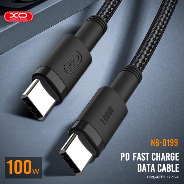 Imagine Cablu USB 2.0 type C la USB type C 100W 1.5m brodat Negru, XO NB-Q199