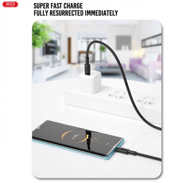 Imagine Cablu USB 2.0 type C la USB type C 100W 1.5m brodat Negru, XO NB-Q199