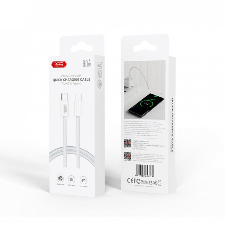 Imagine Cablu USB 2.0 type C la USB type C 60W 1.5m brodat Alb, XO NB-Q260B
