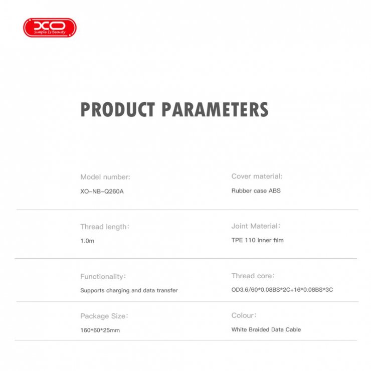 Imagine Cablu USB 2.0 type C la USB type C 60W 1.5m brodat Alb, XO NB-Q260B