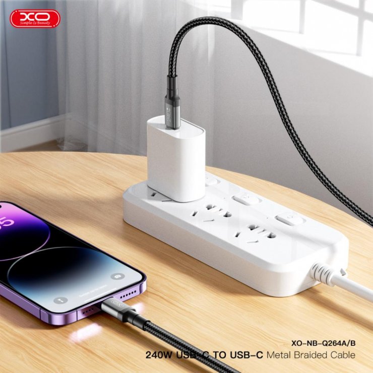 Imagine Cablu USB 2.0 type C la USB type C 240W 2m brodat/metalic Negru, XO NB-Q264B