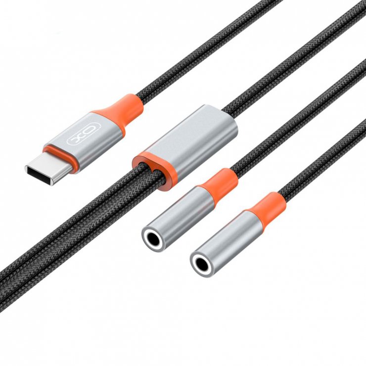 Imagine Cablu audio USB type C la 2 x jack stereo 3.5mm T-M 1.2m brodat Negru, XO NB-R269B