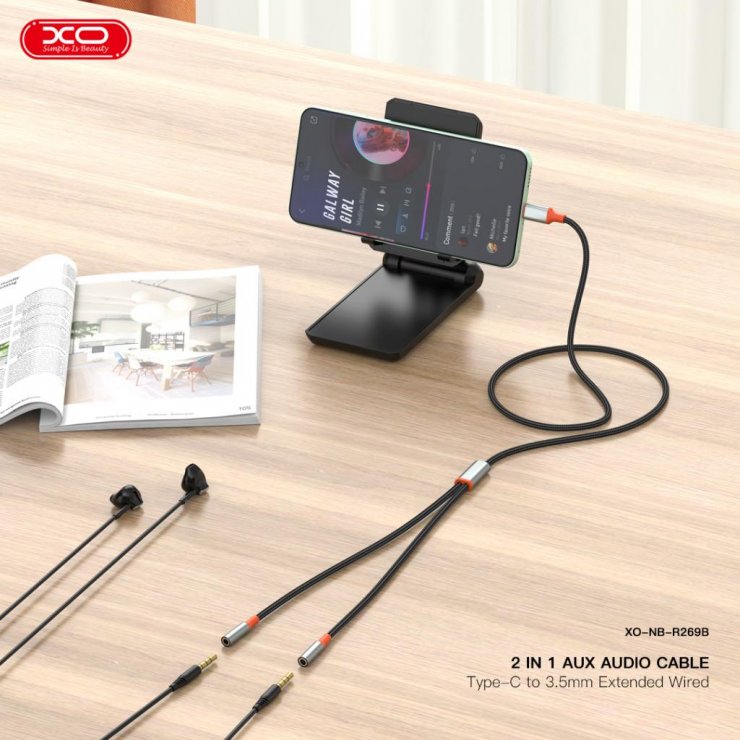 Imagine Cablu audio USB type C la 2 x jack stereo 3.5mm T-M 1.2m brodat Negru, XO NB-R269B