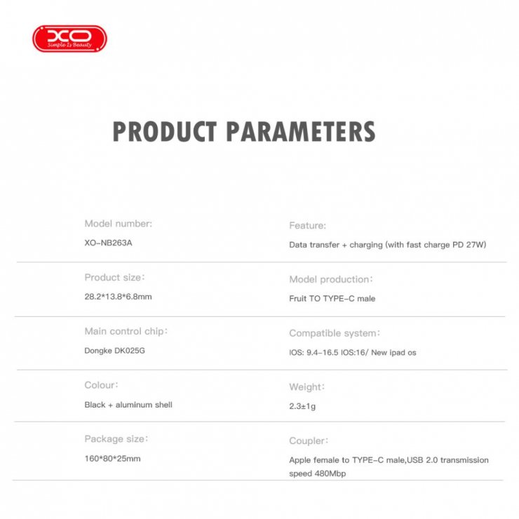 Imagine Adaptor audio Lightning la USB type C 27W pentru breloc M-T Negru, XO NB263A